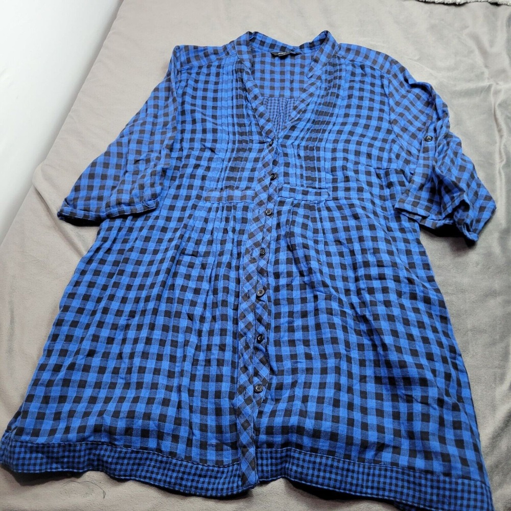 Paper Tee Womens Blue & Black Plaid Button-Up V-Neck Blouse 2X